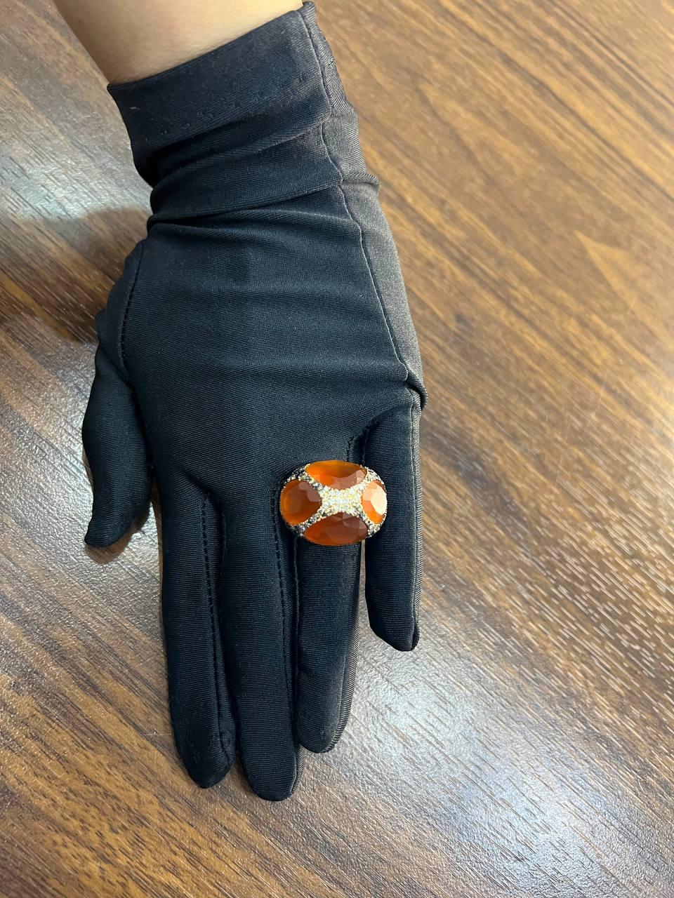 Free Shape Faceted Orange Carnelian Diamond Pave 14K Gold Statement Ring