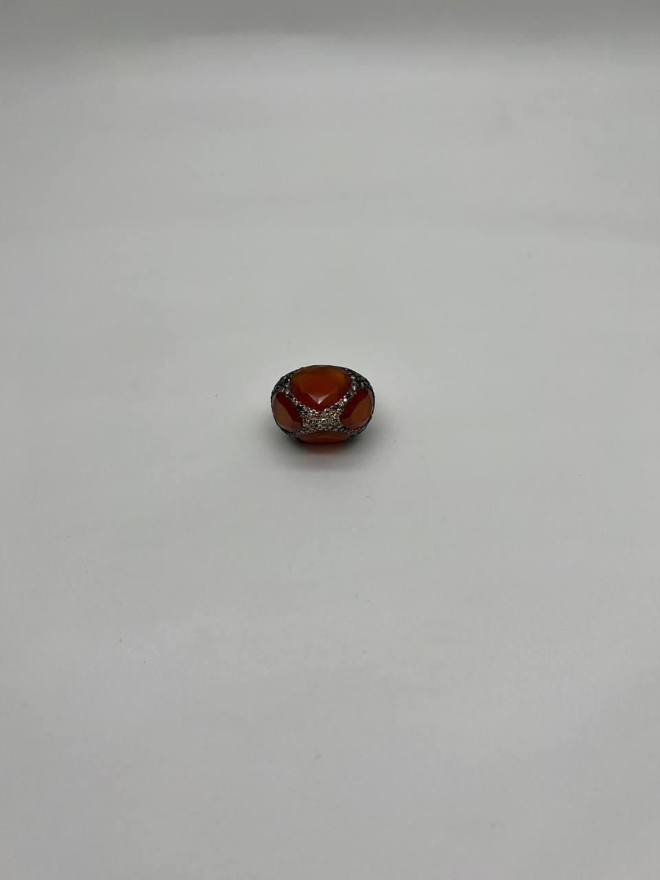 Free Shape Faceted Orange Carnelian Diamond Pave 14K Gold Statement Ring