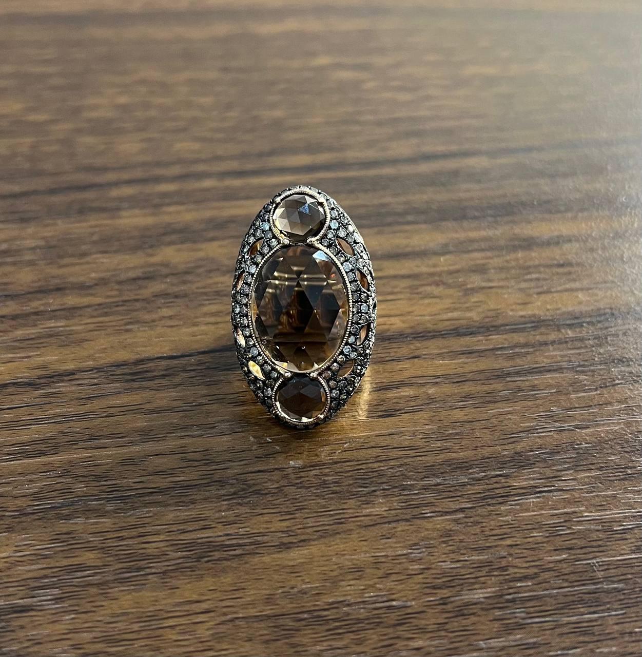Unique Faceted Smoky Quartz Brown Diamonds Pave Set 14K Gold Statement Ring