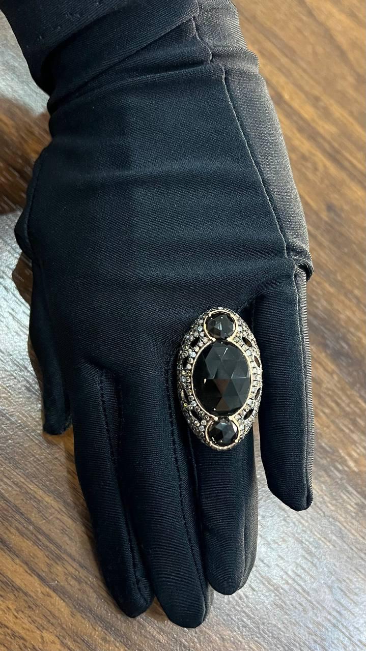 Unique Faceted Smoky Quartz Brown Diamonds Pave Set 14K Gold Statement Ring