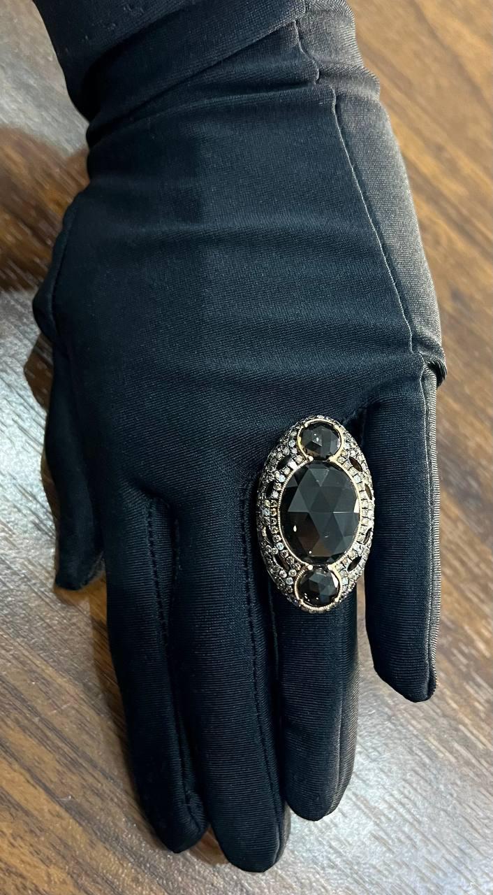 Unique Faceted Smoky Quartz Brown Diamonds Pave Set 14K Gold Statement Ring