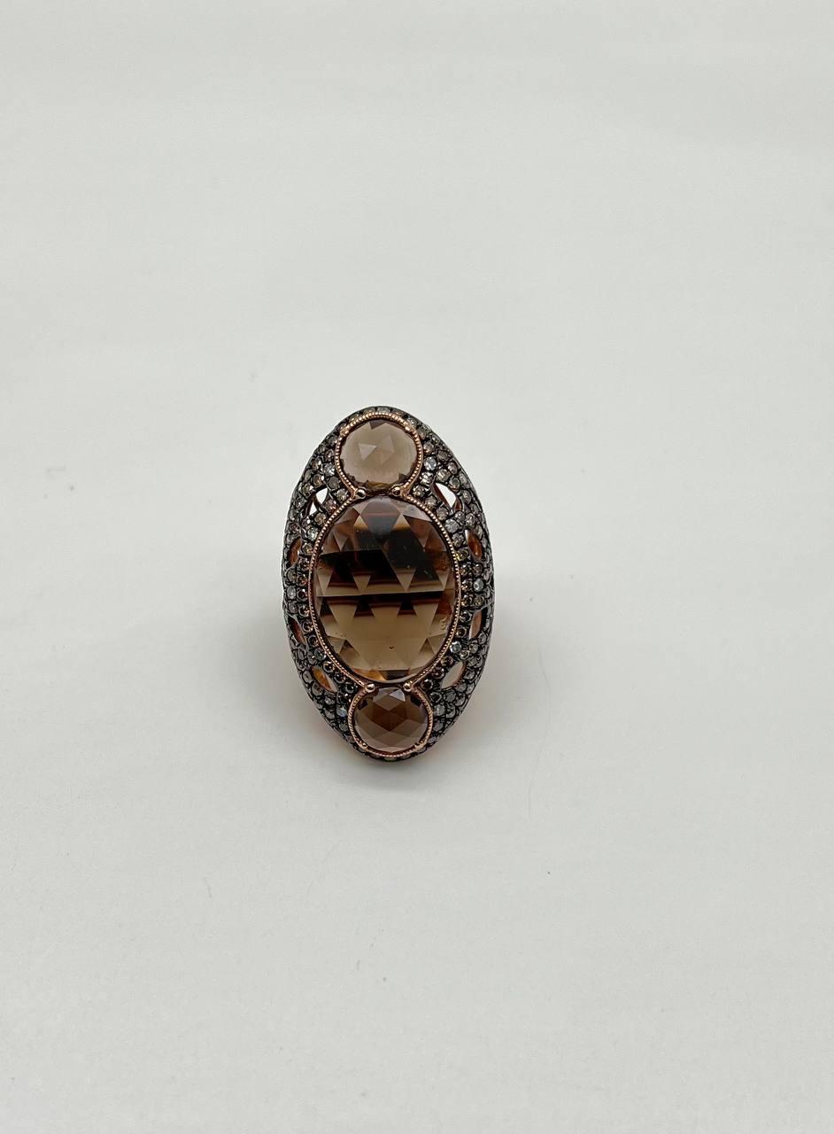 Unique Faceted Smoky Quartz Brown Diamonds Pave Set 14K Gold Statement Ring