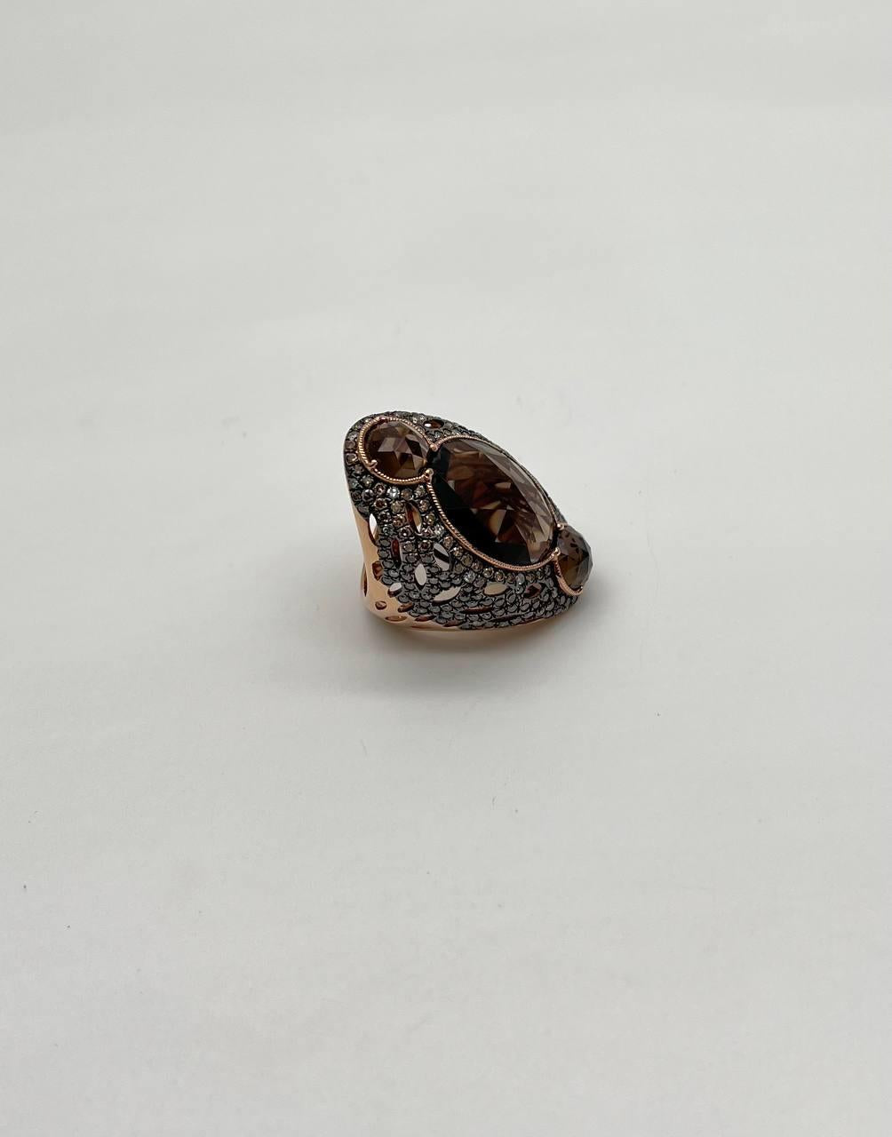 Unique Faceted Smoky Quartz Brown Diamonds Pave Set 14K Gold Statement Ring