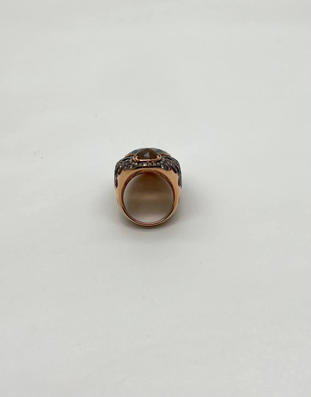 Unique Faceted Smoky Quartz Brown Diamonds Pave Set 14K Gold Statement Ring