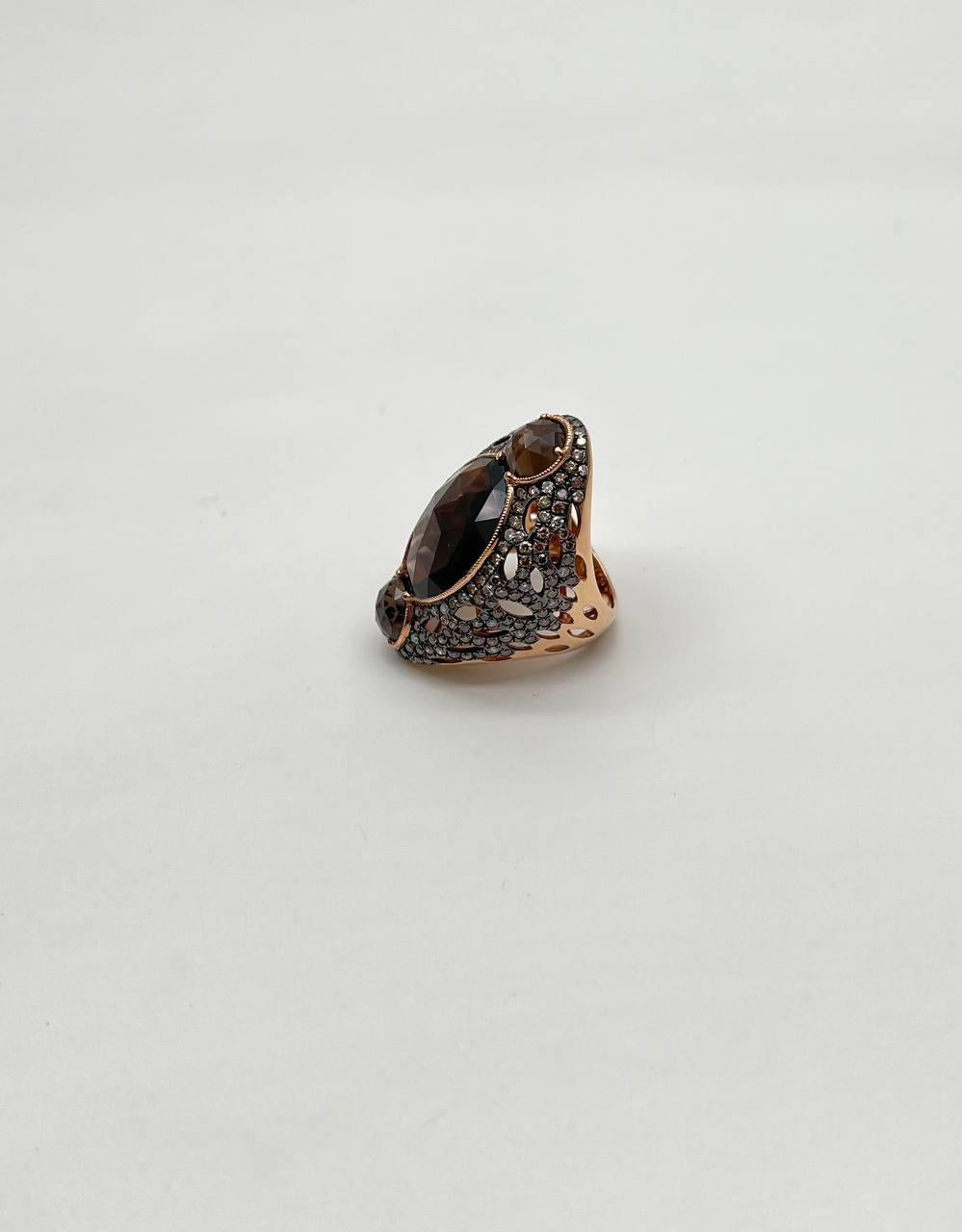 Unique Faceted Smoky Quartz Brown Diamonds Pave Set 14K Gold Statement Ring