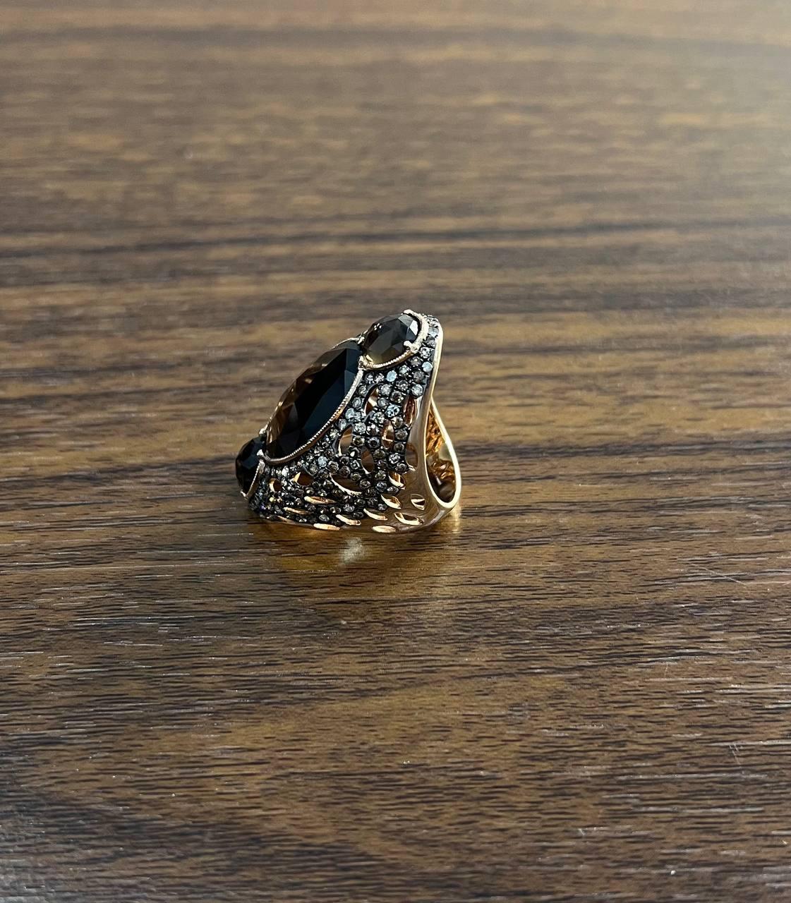 Unique Faceted Smoky Quartz Brown Diamonds Pave Set 14K Gold Statement Ring