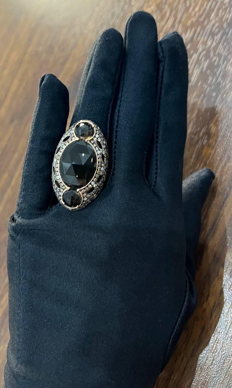 Unique Faceted Smoky Quartz Brown Diamonds Pave Set 14K Gold Statement Ring