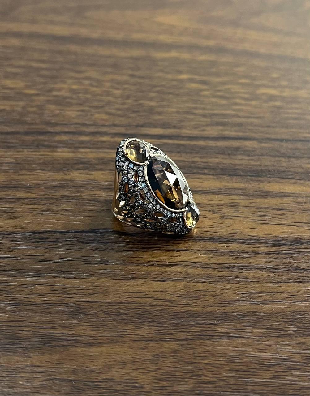 Unique Faceted Smoky Quartz Brown Diamonds Pave Set 14K Gold Statement Ring