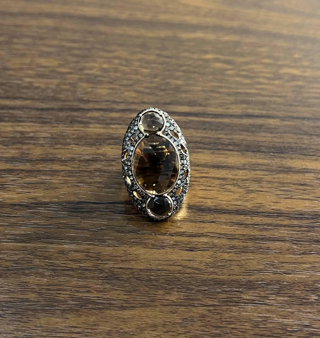 Unique Faceted Smoky Quartz Brown Diamonds Pave Set 14K Gold Statement Ring