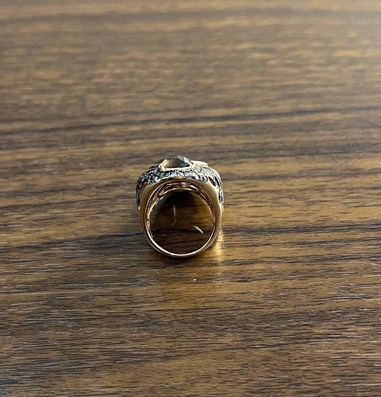 Unique Faceted Smoky Quartz Brown Diamonds Pave Set 14K Gold Statement Ring