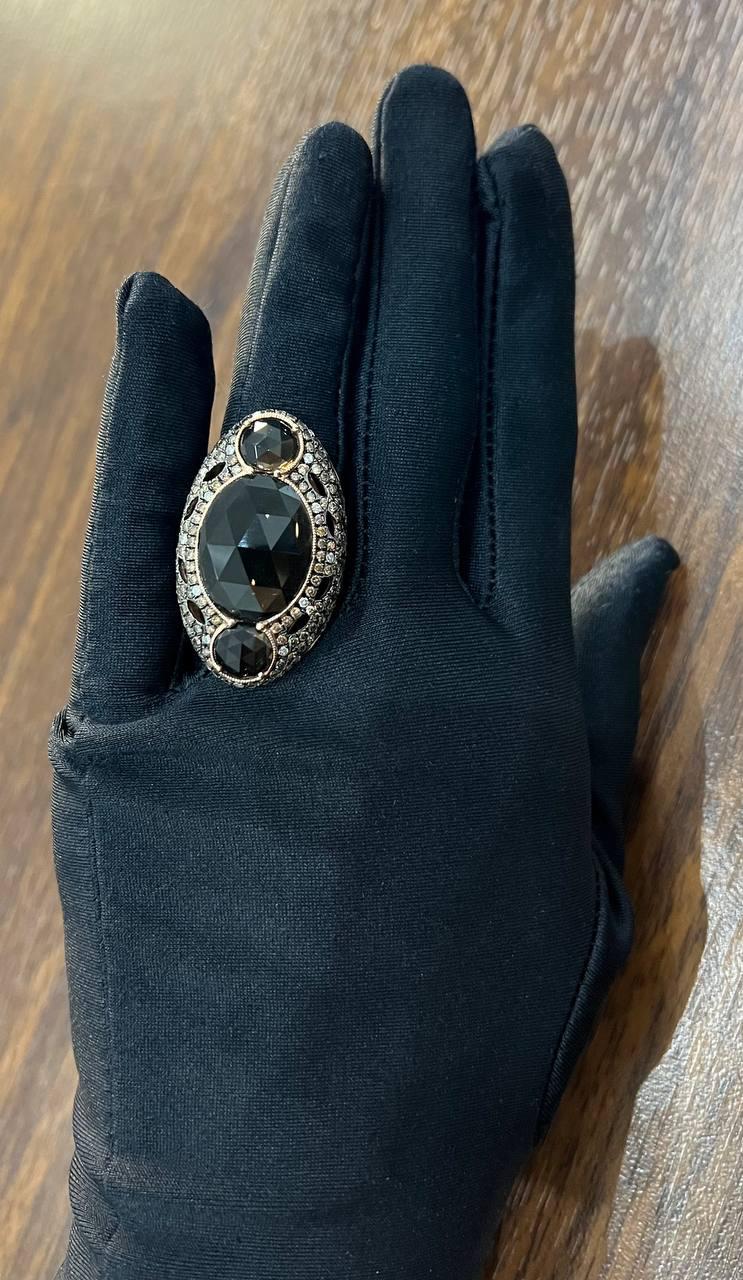 Unique Faceted Smoky Quartz Brown Diamonds Pave Set 14K Gold Statement Ring