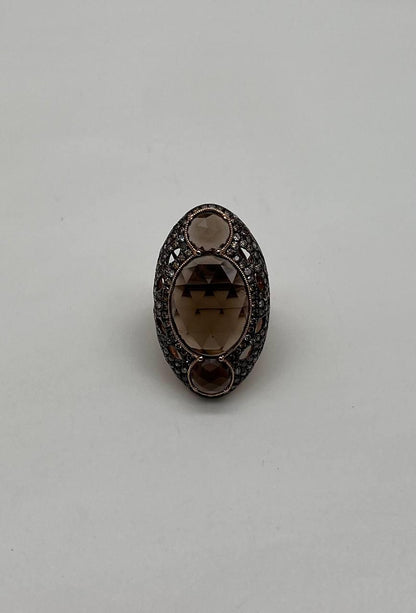 Unique Faceted Smoky Quartz Brown Diamonds Pave Set 14K Gold Statement Ring