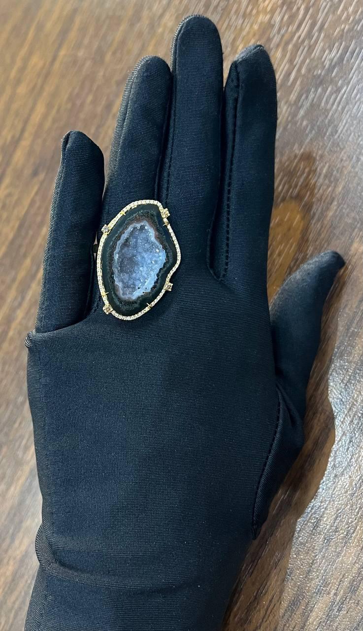 Free Shape Black Blue Crystal Quartz Druzi Diamonds Halo 18K Yellow Gold Ring