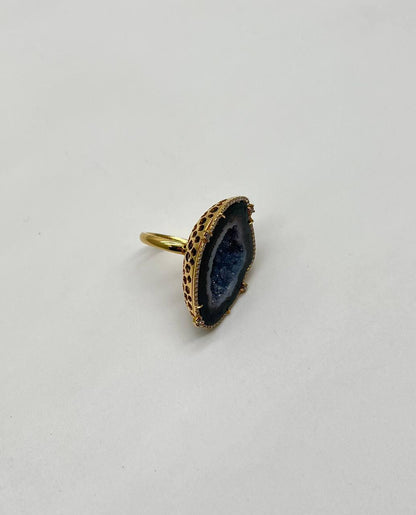 Free Shape Black Blue Crystal Quartz Druzi Diamonds Halo 18K Yellow Gold Ring