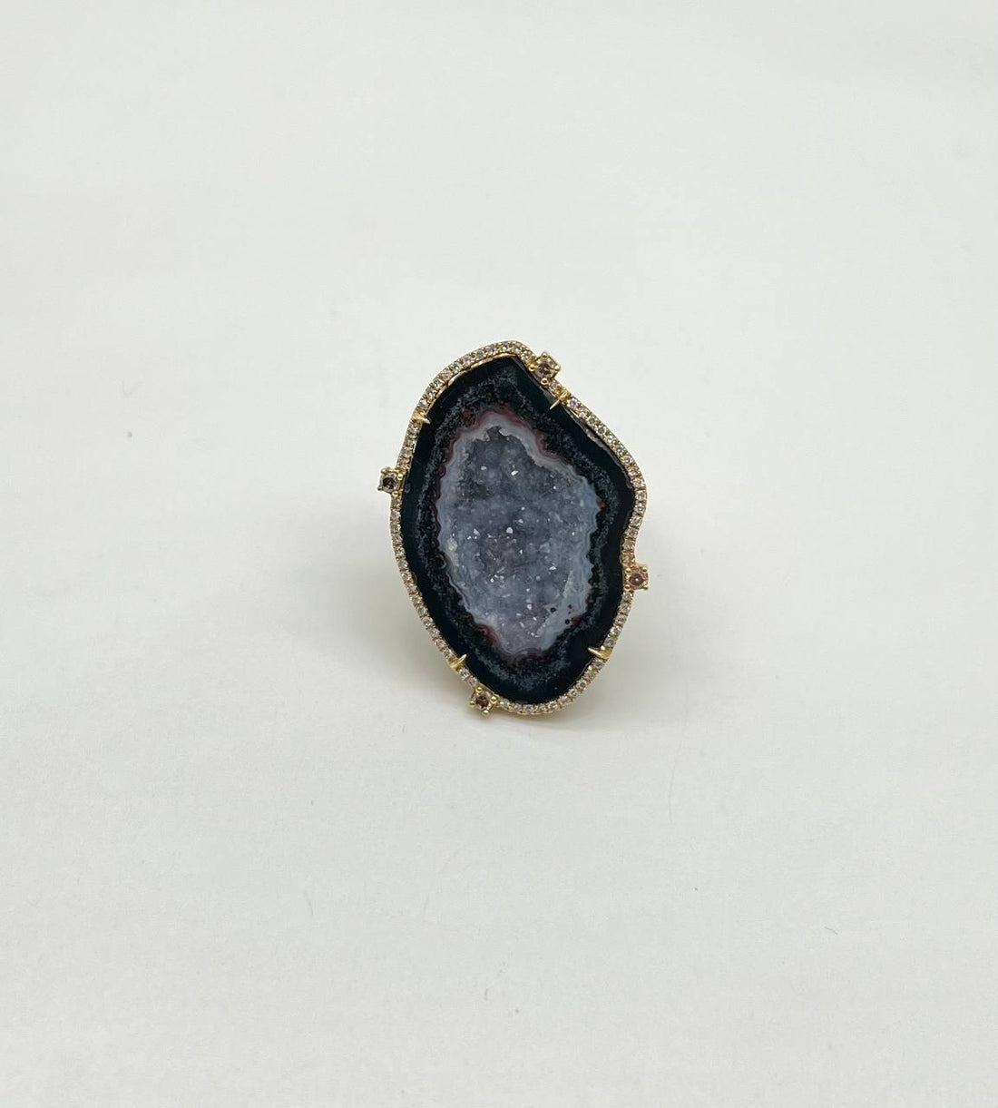 Free Shape Black Blue Crystal Quartz Druzi Diamonds Halo 18K Yellow Gold Ring