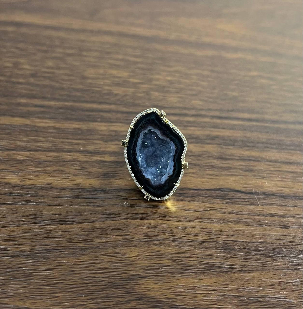 Free Shape Black Blue Crystal Quartz Druzi Diamonds Halo 18K Yellow Gold Ring