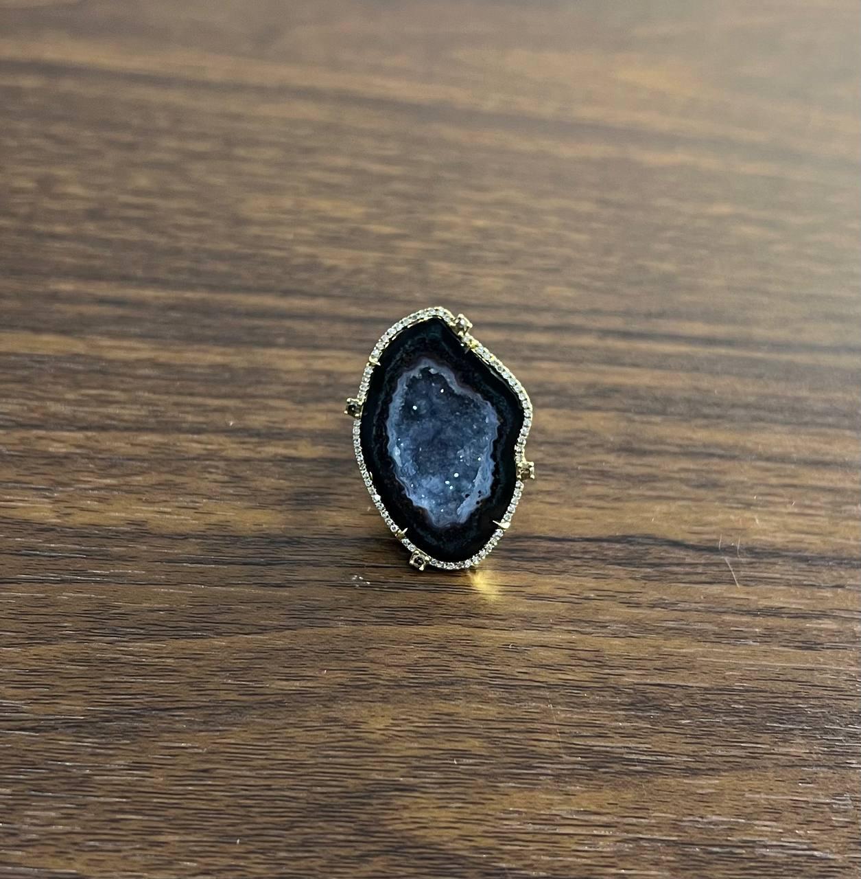Free Shape Black Blue Crystal Quartz Druzi Diamonds Halo 18K Yellow Gold Ring