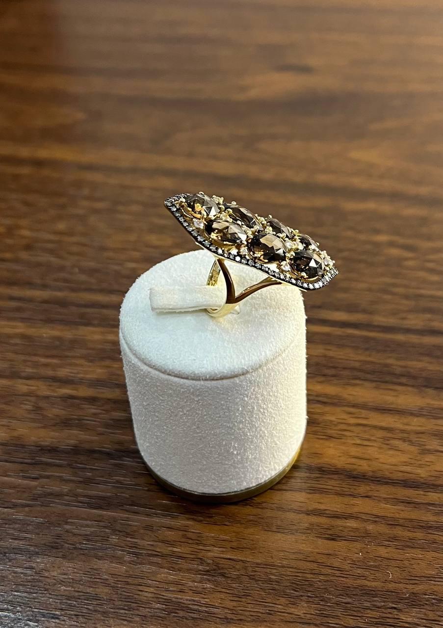 Brown Smokey Quartz & Sapphire Diamonds Halo Statement 14K Gold Statement Ring