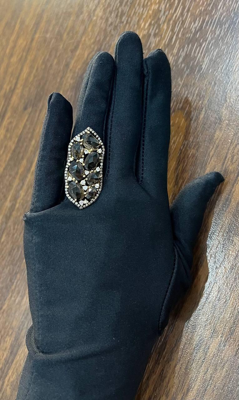 Brown Smokey Quartz & Sapphire Diamonds Halo Statement 14K Gold Statement Ring