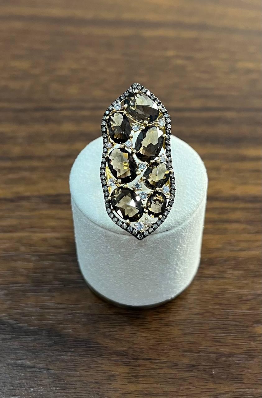 Brown Smokey Quartz & Sapphire Diamonds Halo Statement 14K Gold Statement Ring