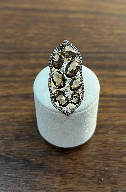Brown Smokey Quartz & Sapphire Diamonds Halo Statement 14K Gold Statement Ring