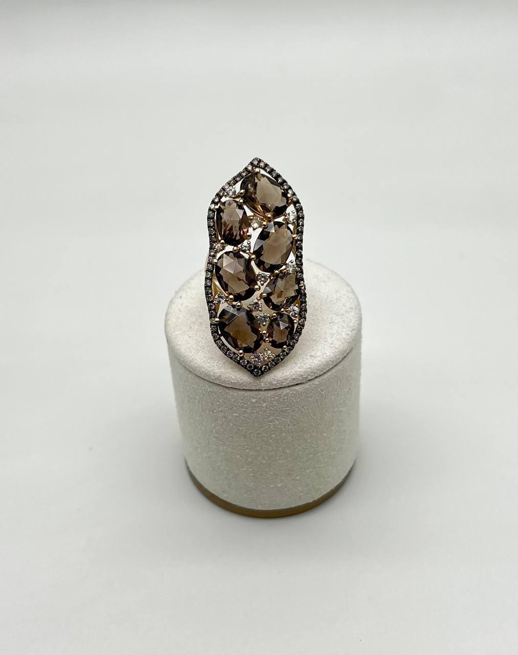 Brown Smokey Quartz & Sapphire Diamonds Halo Statement 14K Gold Statement Ring