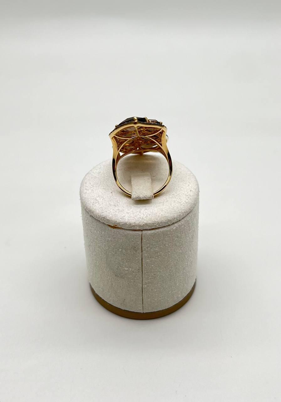 Brown Smokey Quartz & Sapphire Diamonds Halo Statement 14K Gold Statement Ring
