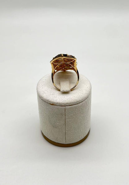 Brown Smokey Quartz & Sapphire Diamonds Halo Statement 14K Gold Statement Ring