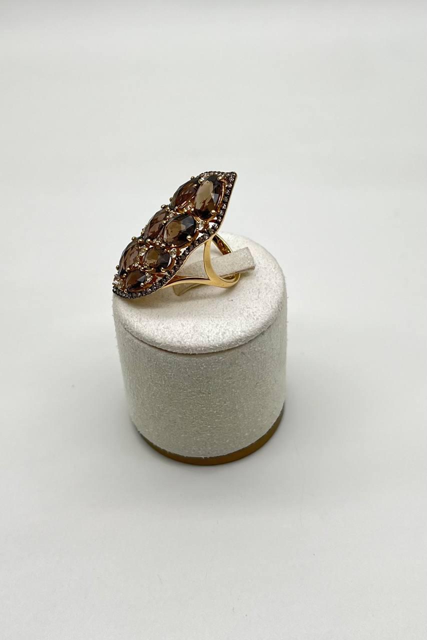 brown smokey quartz & sapphire diamonds halo statement 14k gold statement ring