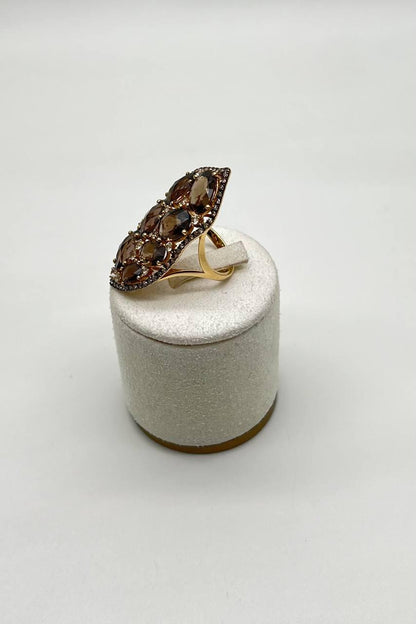 Brown Smokey Quartz & Sapphire Diamonds Halo Statement 14K Gold Statement Ring