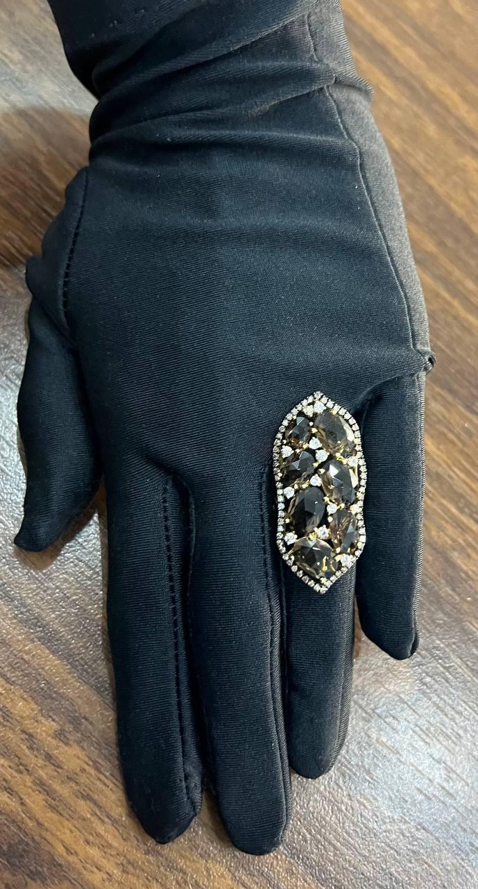 Brown Smokey Quartz & Sapphire Diamonds Halo Statement 14K Gold Statement Ring