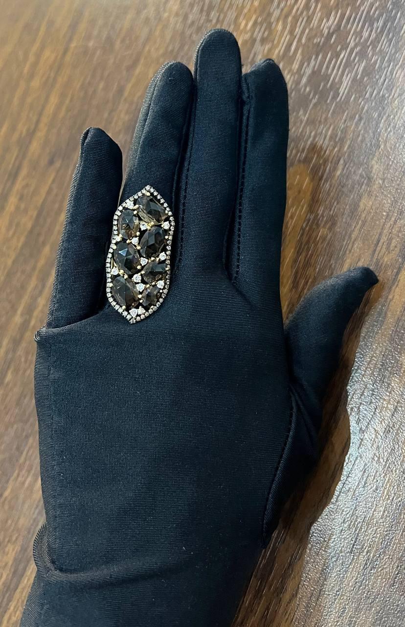Brown Smokey Quartz & Sapphire Diamonds Halo Statement 14K Gold Statement Ring