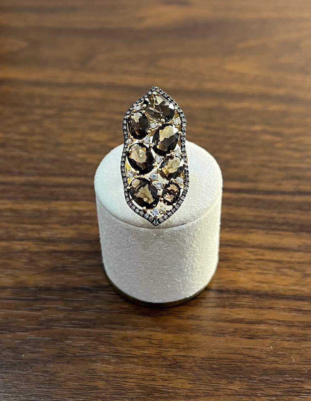 Brown Smokey Quartz & Sapphire Diamonds Halo Statement 14K Gold Statement Ring