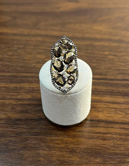 Brown Smokey Quartz & Sapphire Diamonds Halo Statement 14K Gold Statement Ring
