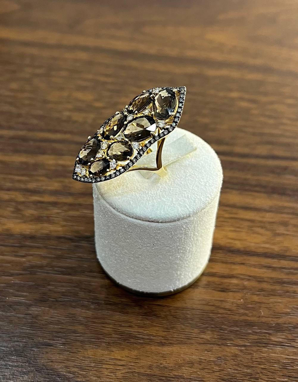 Brown Smokey Quartz & Sapphire Diamonds Halo Statement 14K Gold Statement Ring