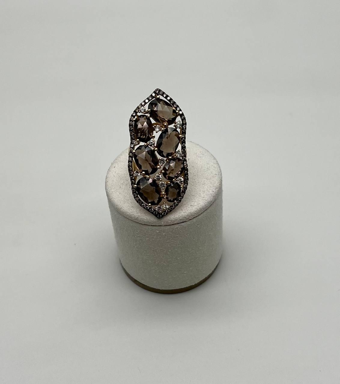 brown smokey quartz & sapphire diamonds halo statement 14k gold statement ring