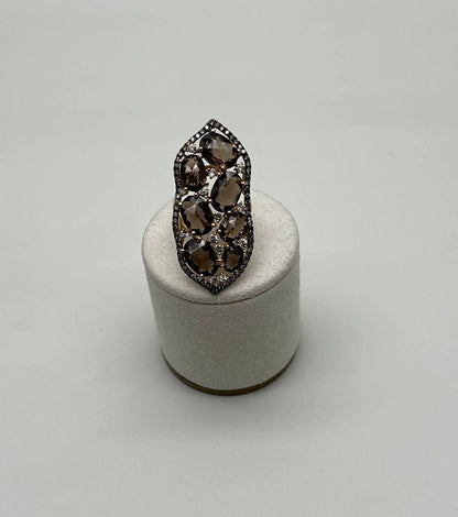 Brown Smokey Quartz & Sapphire Diamonds Halo Statement 14K Gold Statement Ring