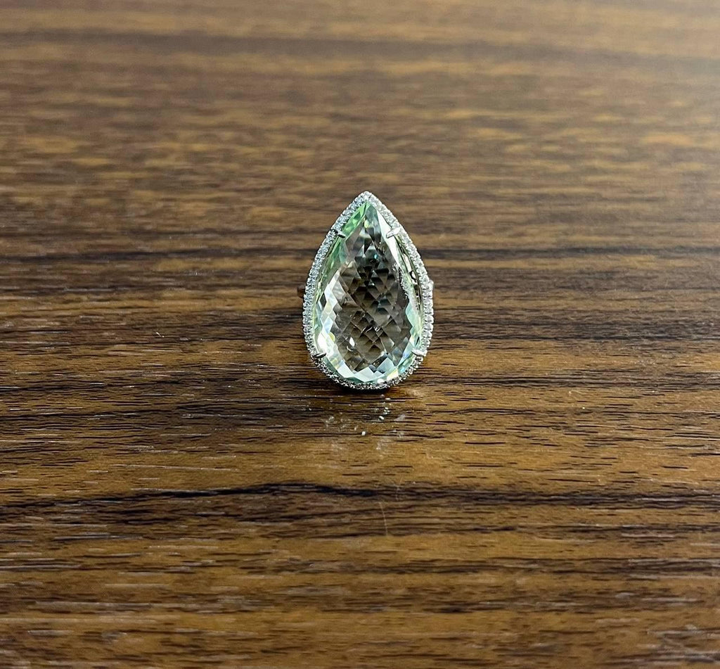 Pear Teardrop Light Blue Topaz White Diamonds Halo 14K White Gold Statement Ring