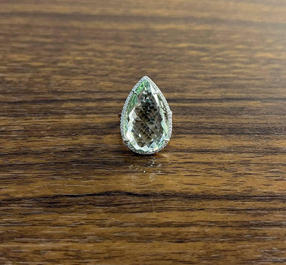 Pear Teardrop Light Blue Topaz White Diamonds Halo 14K White Gold Statement Ring
