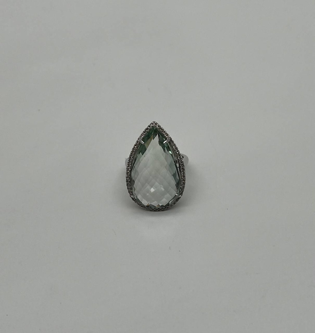 Pear Teardrop Light Blue Topaz White Diamonds Halo 14K White Gold Statement Ring