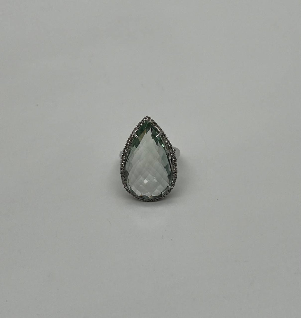 Pear Teardrop Light Blue Topaz White Diamonds Halo 14K White Gold Statement Ring