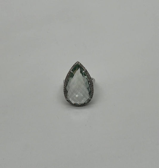 Pear Teardrop Light Blue Topaz White Diamonds Halo 14K White Gold Statement Ring