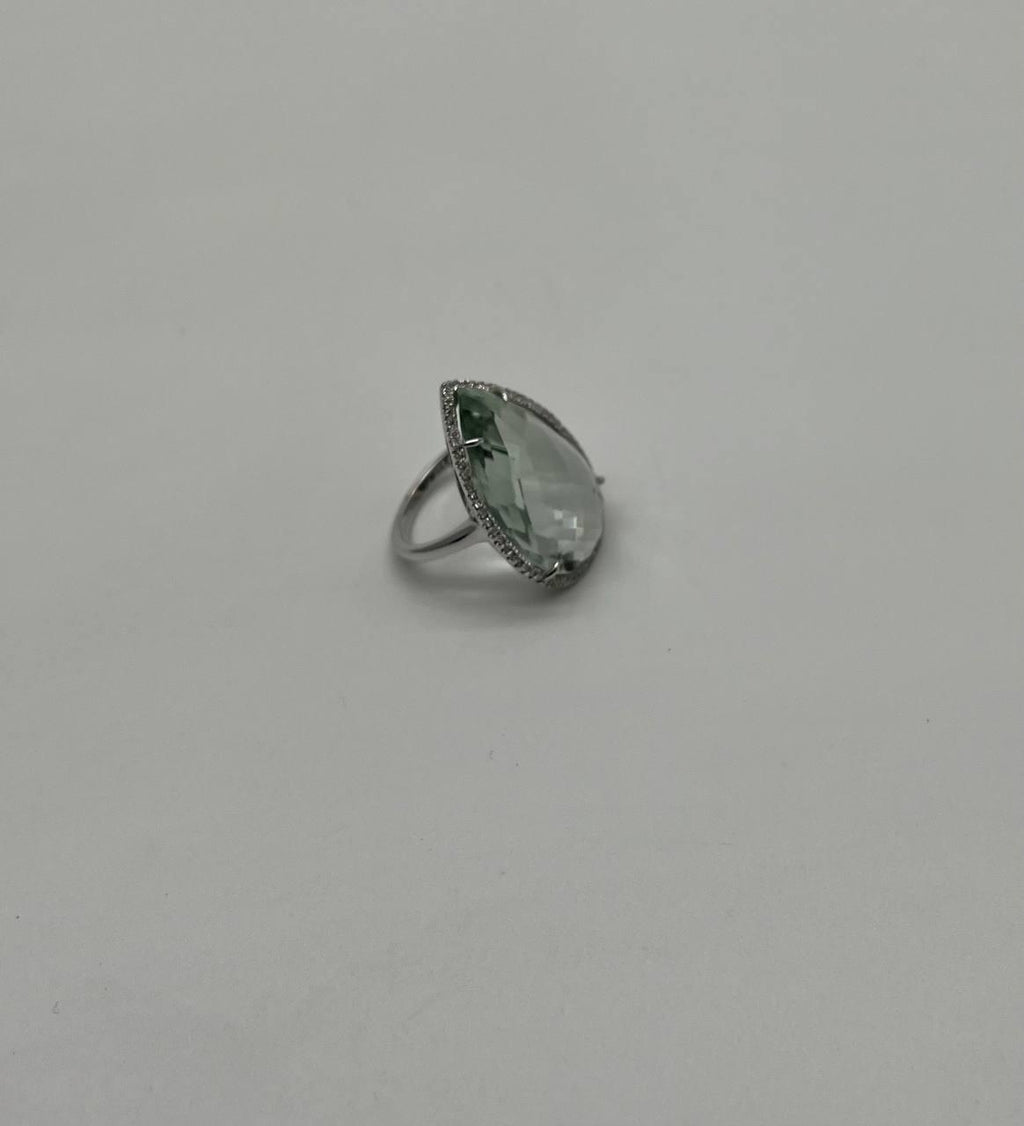 Pear Teardrop Light Blue Topaz White Diamonds Halo 14K White Gold Statement Ring