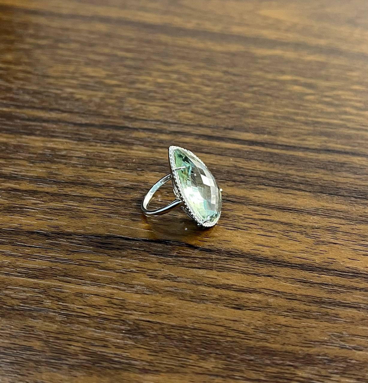 Pear Teardrop Light Blue Topaz White Diamonds Halo 14K White Gold Statement Ring