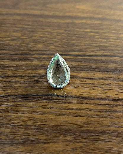 Pear Teardrop Light Blue Topaz White Diamonds Halo 14K White Gold Statement Ring