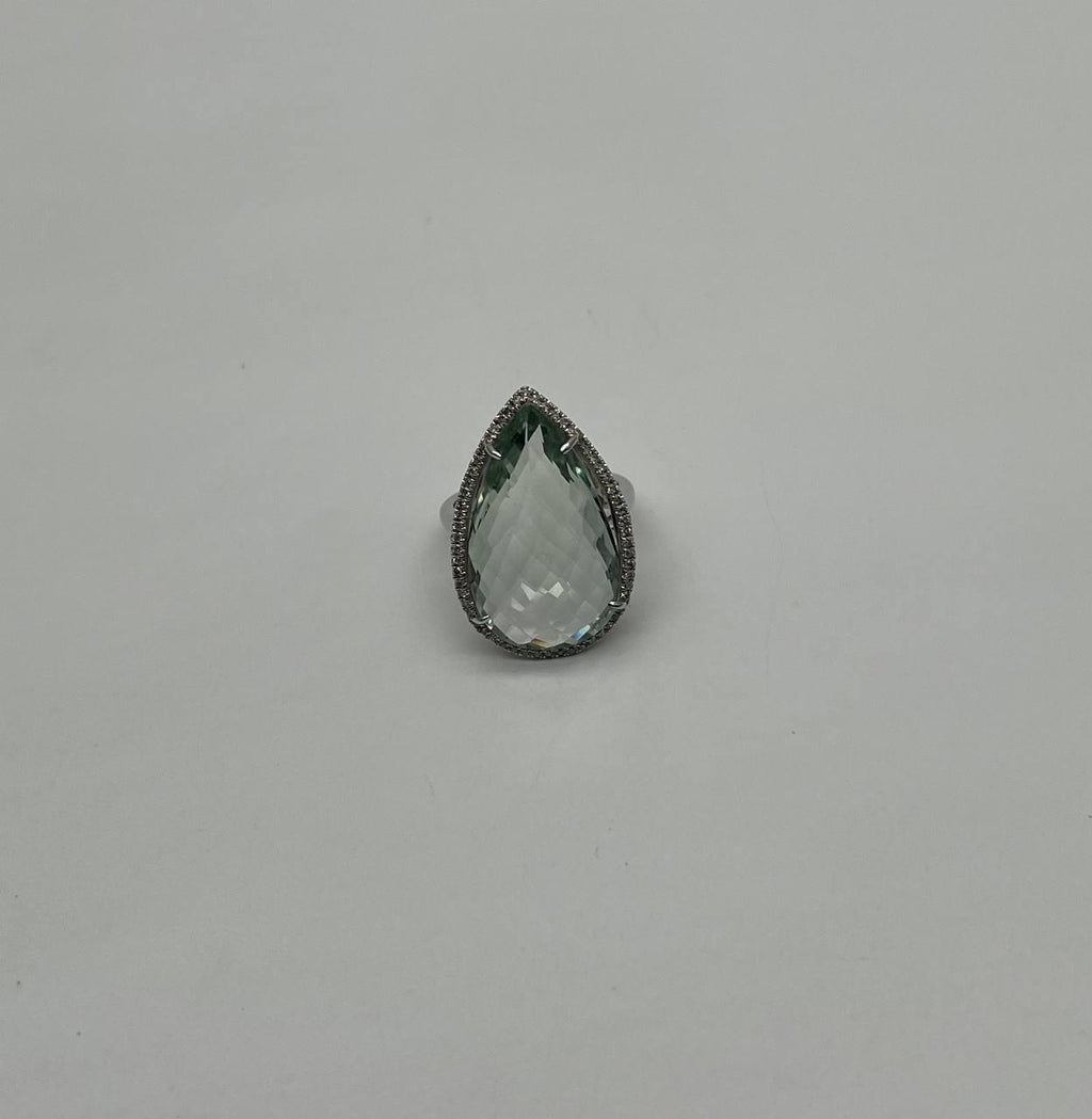 Pear Teardrop Light Blue Topaz White Diamonds Halo 14K White Gold Statement Ring