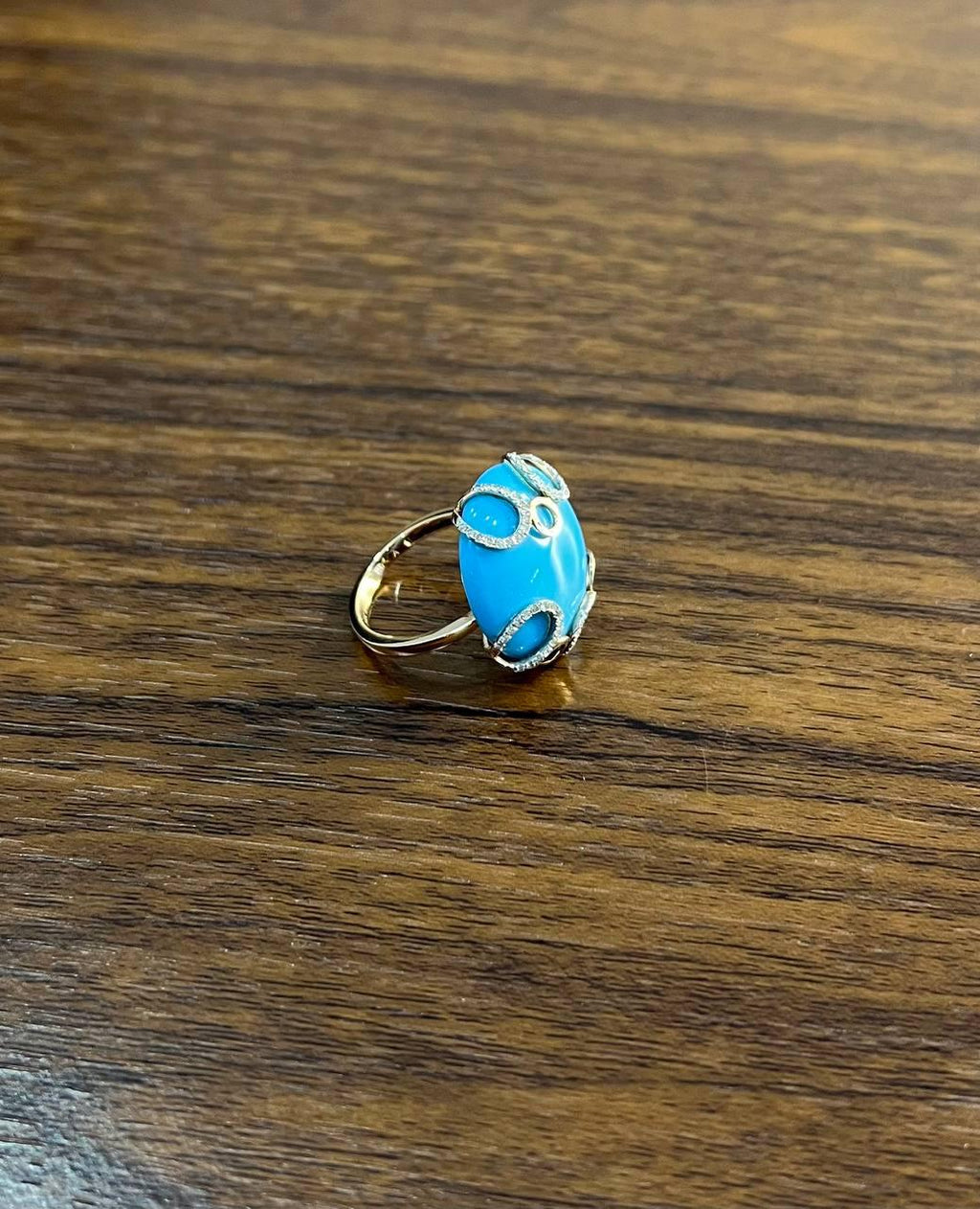 Round Blue Teal Turquoise Diamond Swirl Scroll 14K Yellow Gold Cocktail Ring