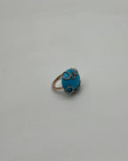Round Blue Teal Turquoise Diamond Swirl Scroll 14K Yellow Gold Cocktail Ring