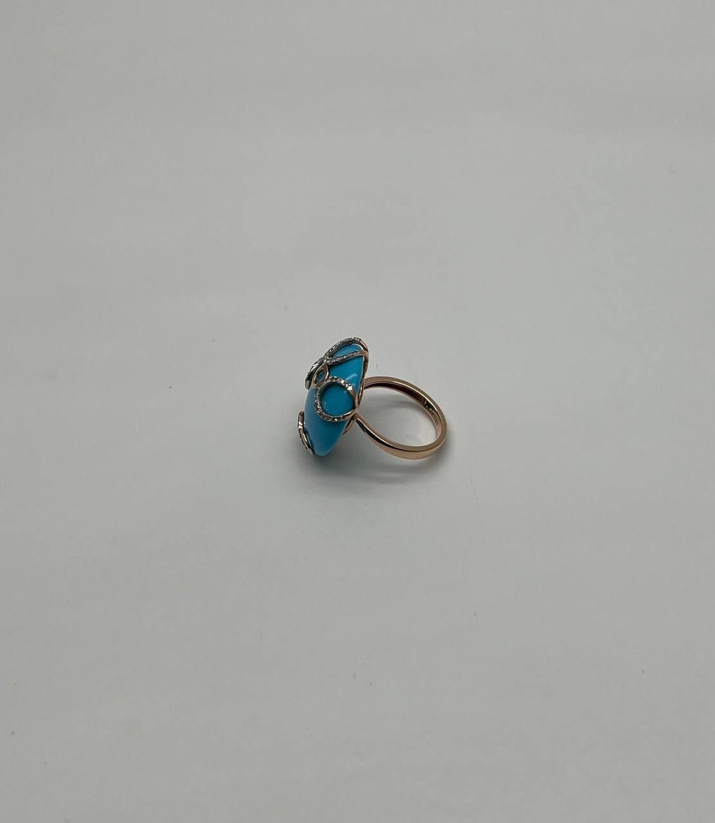 Round Blue Teal Turquoise Diamond Swirl Scroll 14K Yellow Gold Cocktail Ring