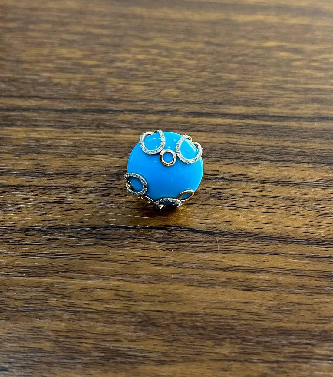 Round Blue Teal Turquoise Diamond Swirl Scroll 14K Yellow Gold Cocktail Ring